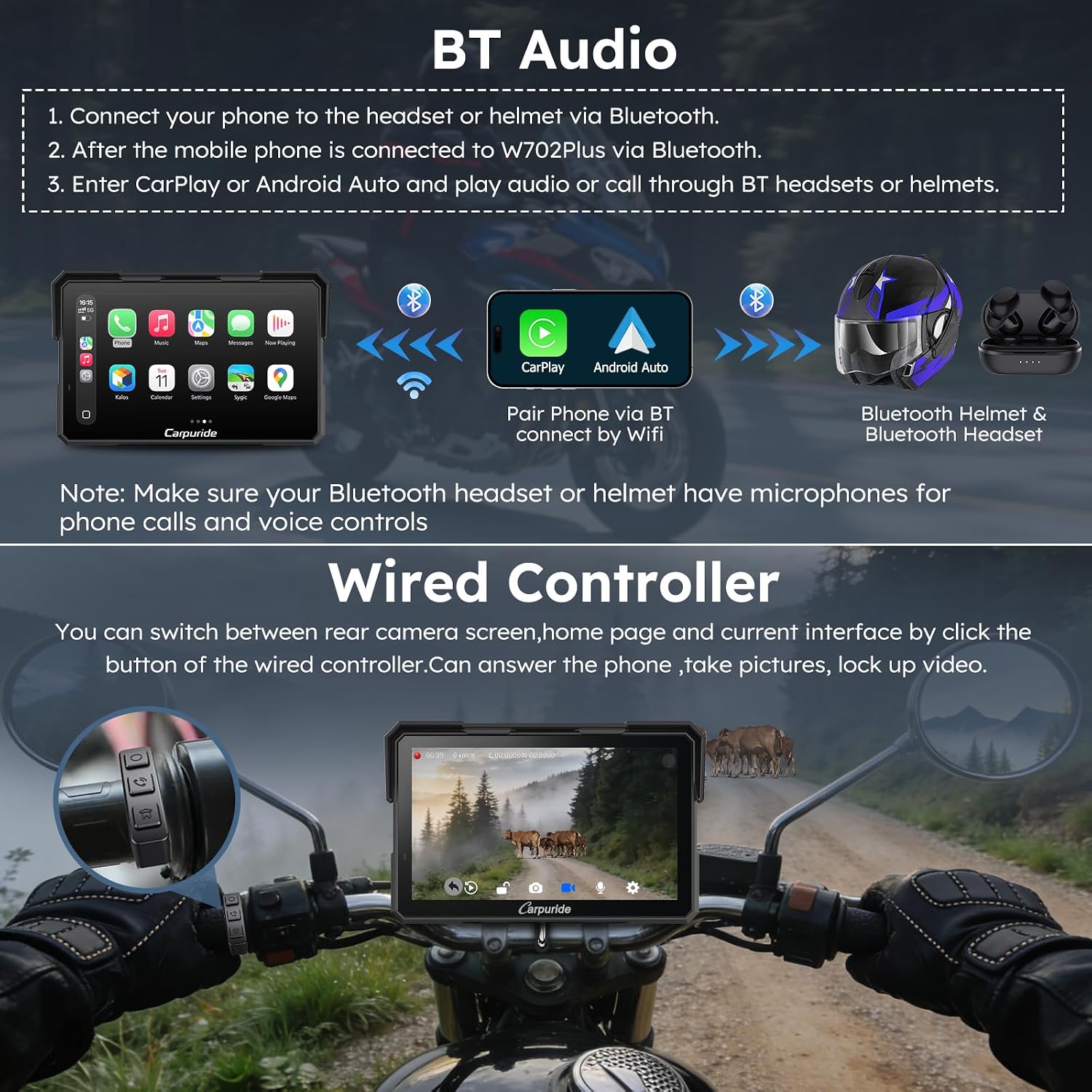 Carpuride W702 Plus for Motorcycle CarPlay & Android Auto & 8 Core Android 14, 1080p Dash Cam, 7-inch Waterproof Touchscreen for Online/Offline Navigation, Bluetooth, Loop Recording, Wired Controller