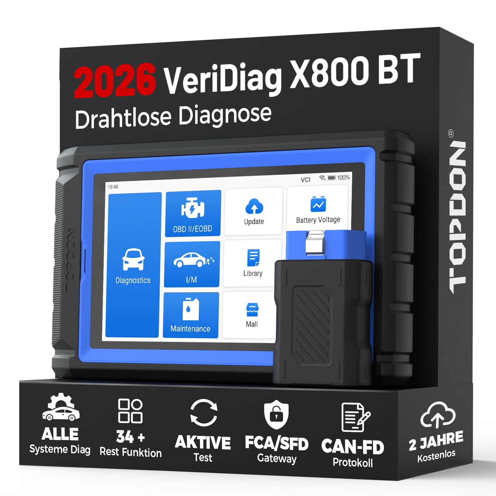 TOPDON VeriDiag X800 BT OBD2 Diagnosegerät für alle Fahrzeuge, Bidirektionales Diagnosegerät Auto mit 34 Servicefunktionen, Alle Systemdiagnosen FCA/SFD-Unterstützung, 2 Jahre kostenlose Upgrad