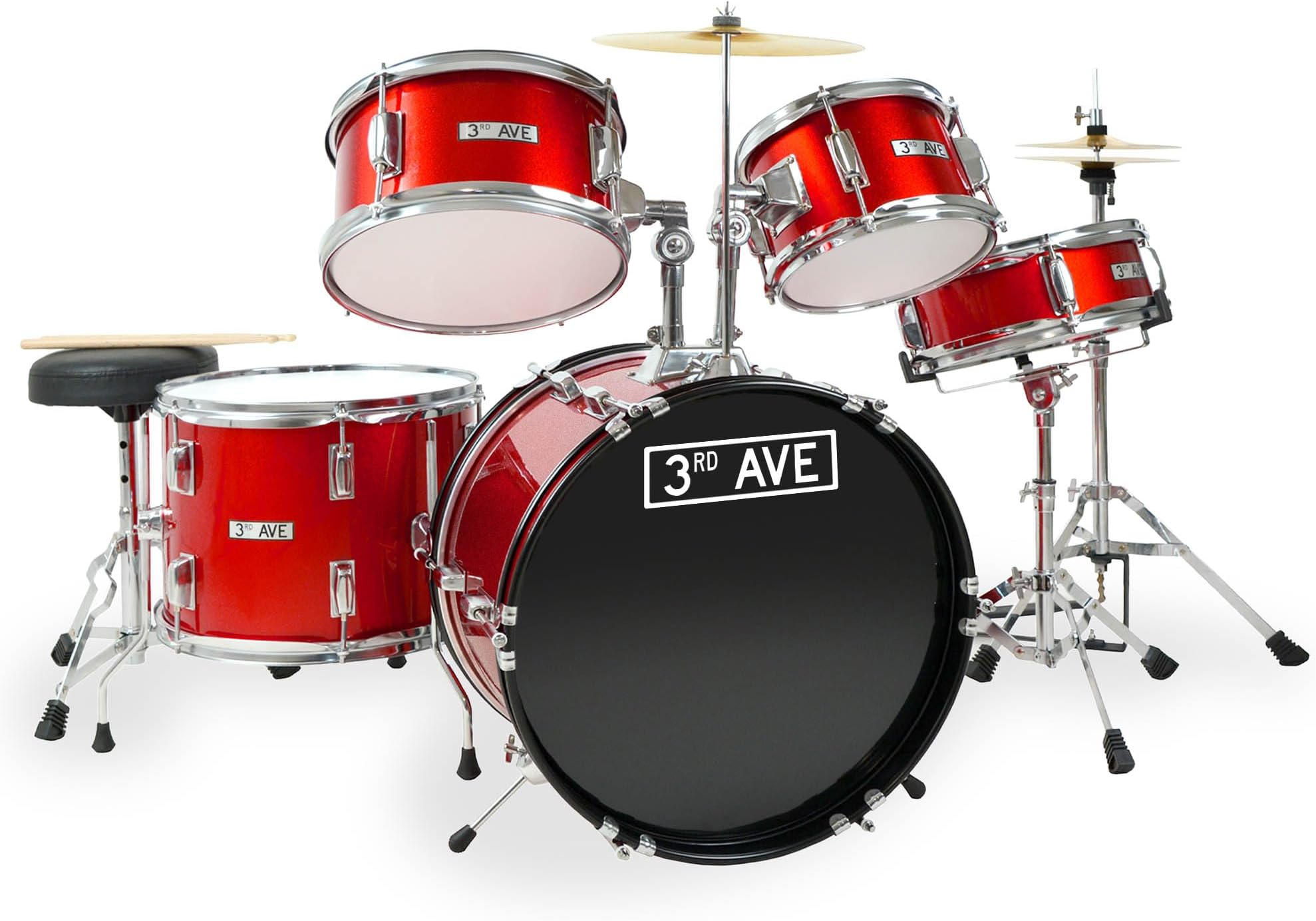 Junior Kids Beginner Drum Kit, 5-Piece Drum Set with Cymbal, Stool & Sticks in Red - FREE 6 Month Lessons