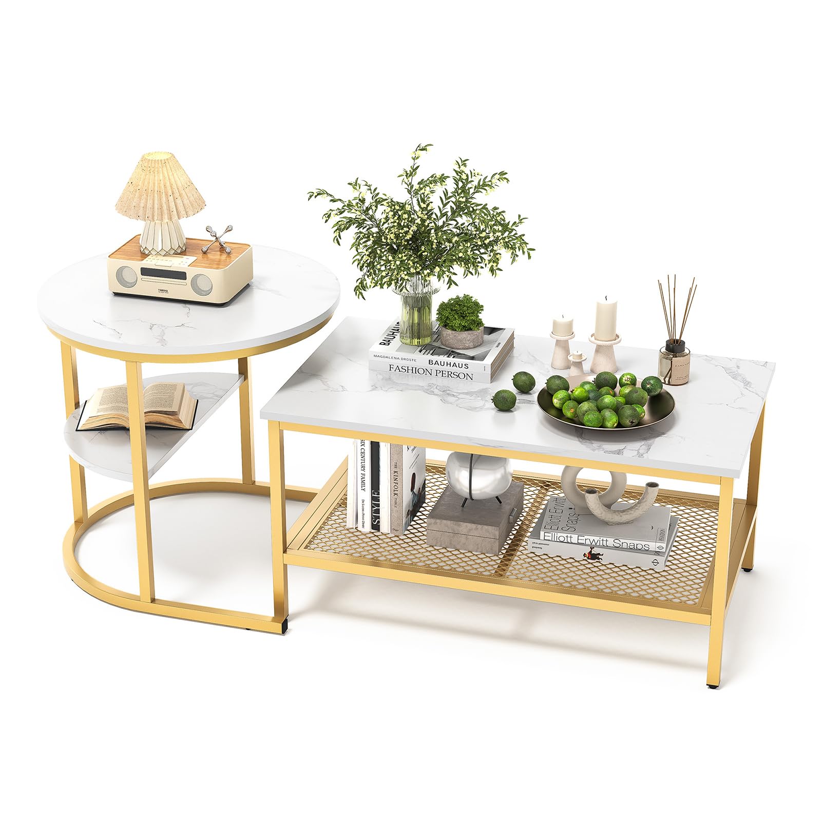 Luminarix 2er Set Couchtisch, Rund und Rechteck Beistelltisch mit Stauraum, Marmor Optik, Metallrahmen Wohnzimmertisch Satztische Sofatisch Kaffeetisch, Weiß & Golden