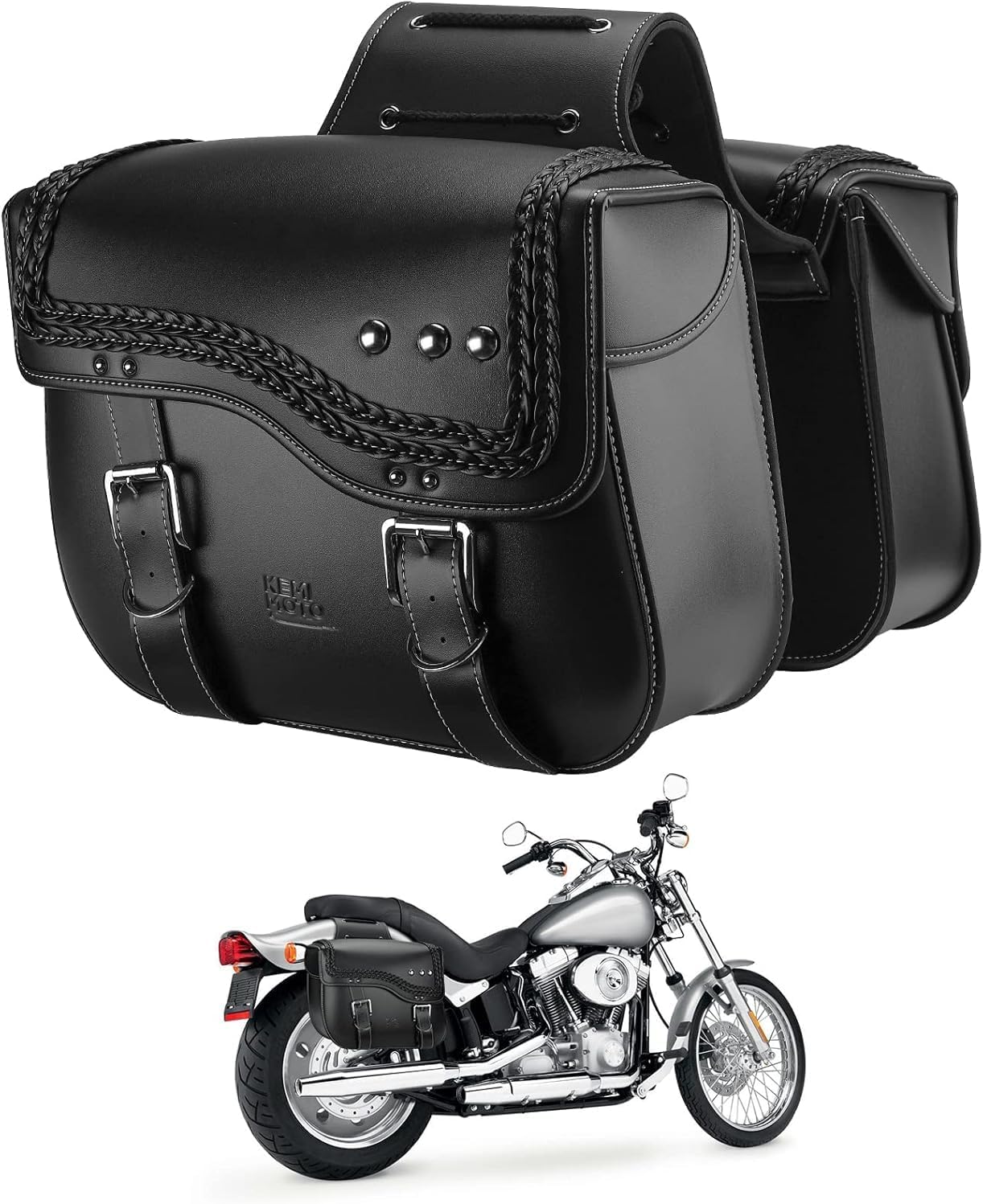 KEMIMOTO Motorcycle Saddlebags,Upgraded Bottom Anti-scalding Motorcycle Luggage Bag 30L(15Lx2) Large Capacity PU Leather Side Bags Compatible with Sportster Softail Dyna V-star Shadow