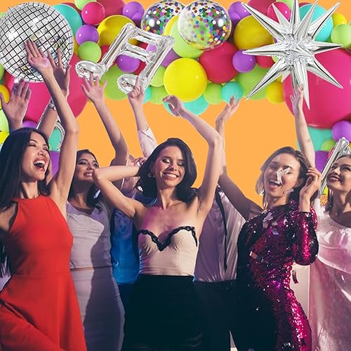 Miniatura 6 de Decoraciones de fiesta de los años 80 y 90, JOGAMS 167 piezas de globos de neón con confeti, patinaje, radio, nota musical, globos de bola de