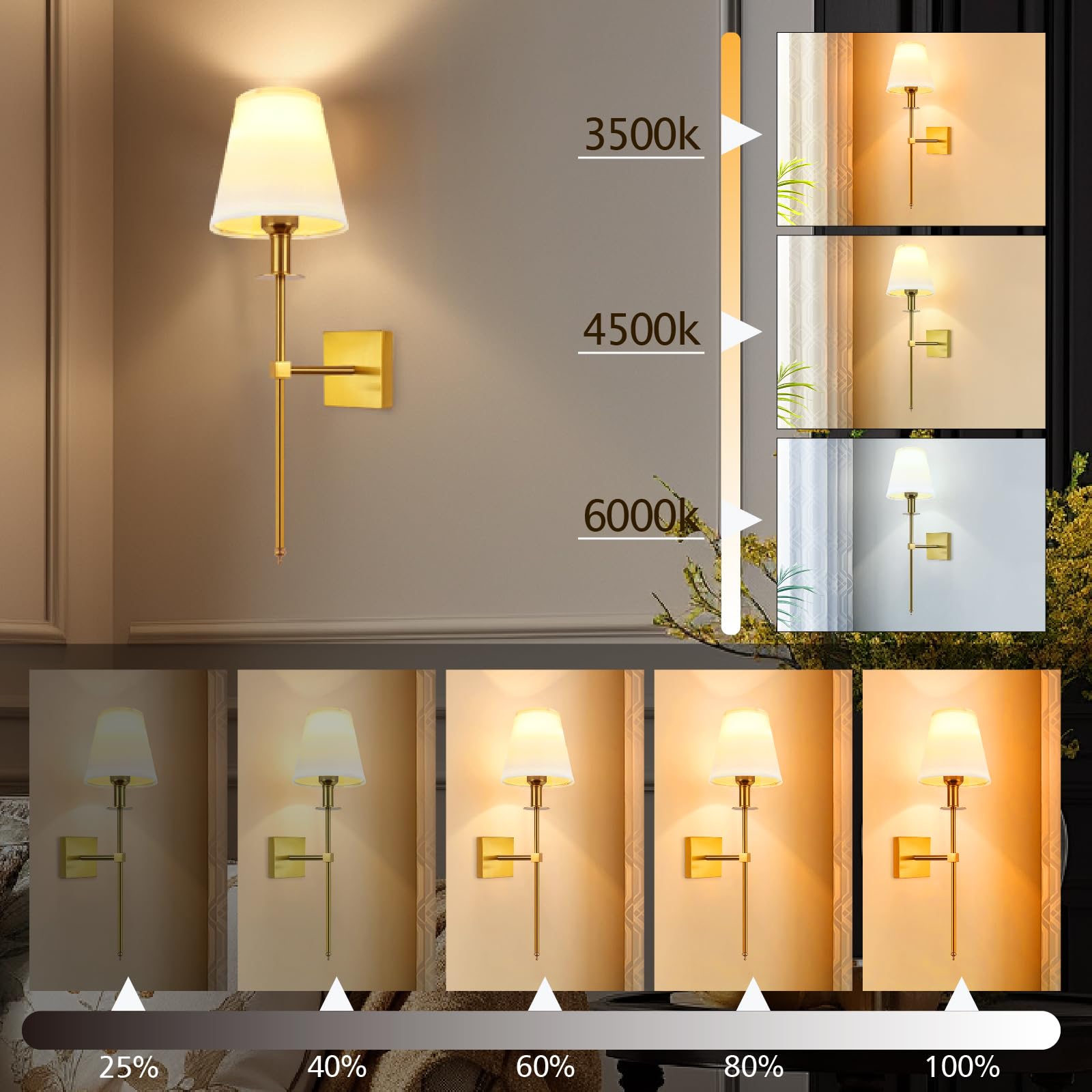 Lamparas Pared sin Cable, Regulable, con 5000mAh Bombilla Recargable y Mando a Distancia, 400 LM Aplique Bateria para Sala de Estar Dormitorio Pasillo, 2 Pack, Dorado