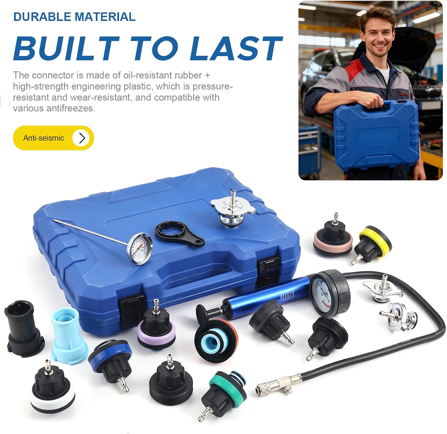 Coolant Pressure Test kit, Automobile Radiator Pressure Test kit, Aluminum Adapter, Hand Pump with Pressure Gauge, Hose, Thermometer and Cooling System Leak Detection. (18PCBlue)