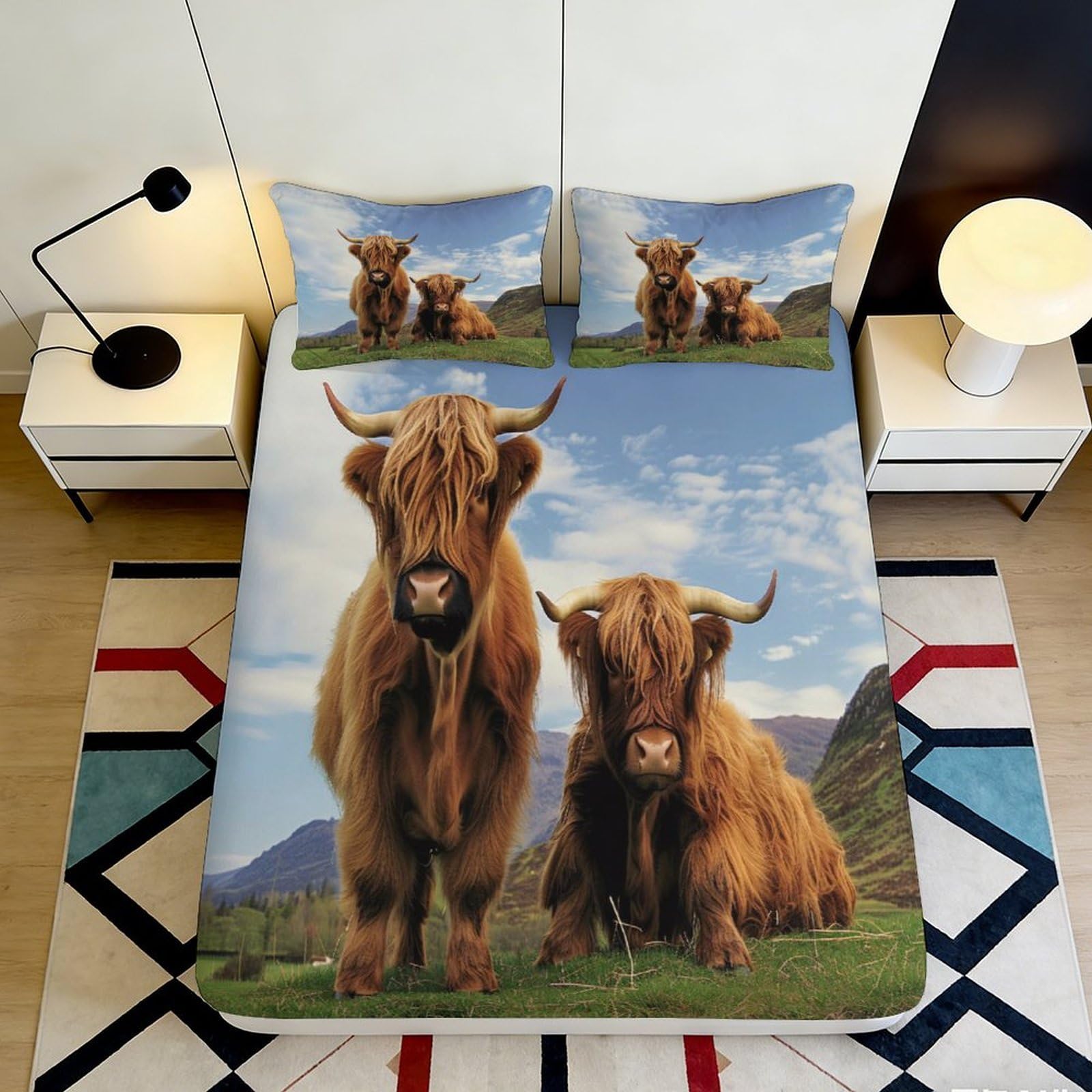 3D Printed Highland Cow Fitted Sheet Microfiber Soft Brown Cattle Mattress Cover Bedroom Dorm Protector Decor 90x200x25cm