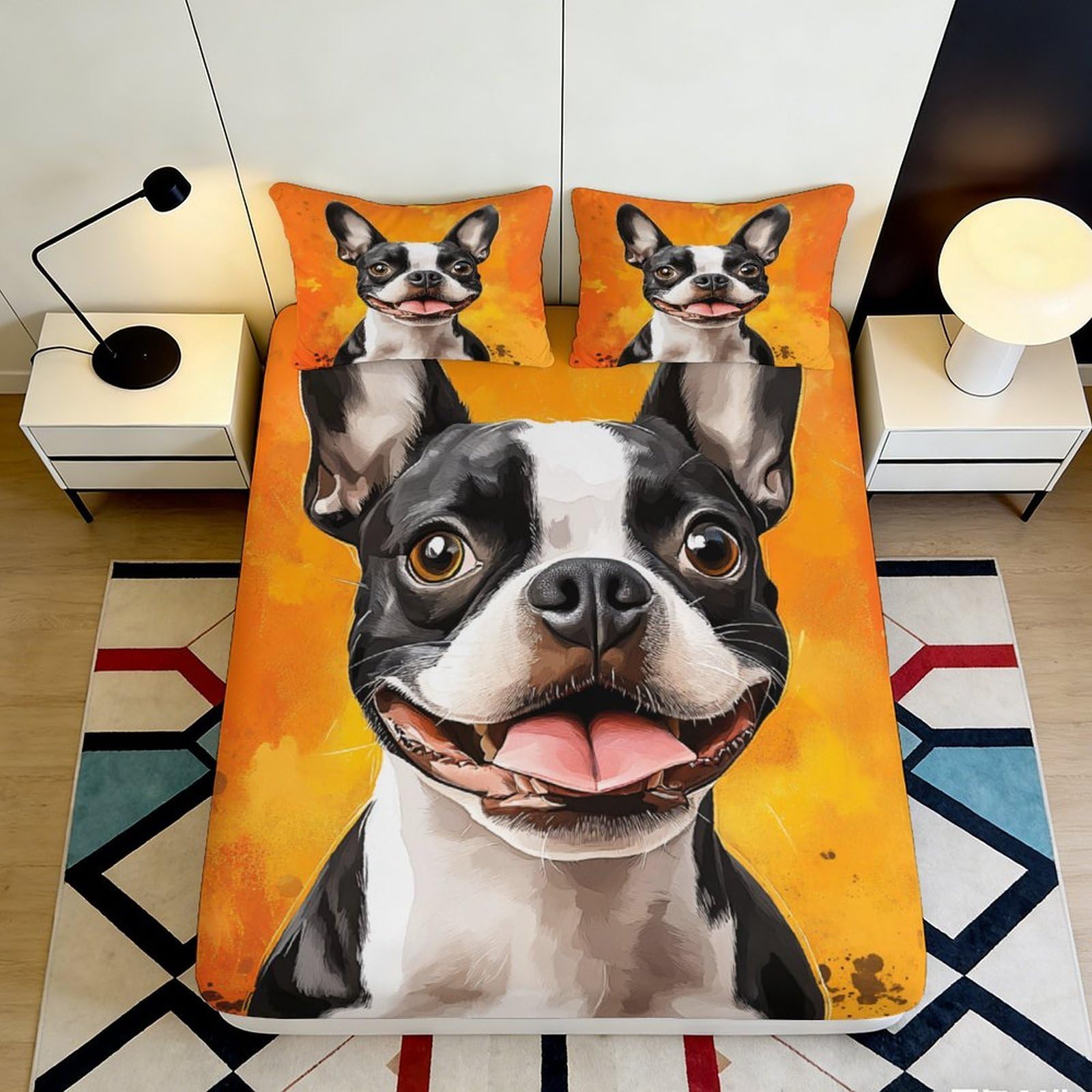 3D Printed Boston Terrier Fitted Sheet Microfiber Orange Cartoon Bed Cover for Bedroom Guest Room Mattress Protection Decor 90x200x25cm
