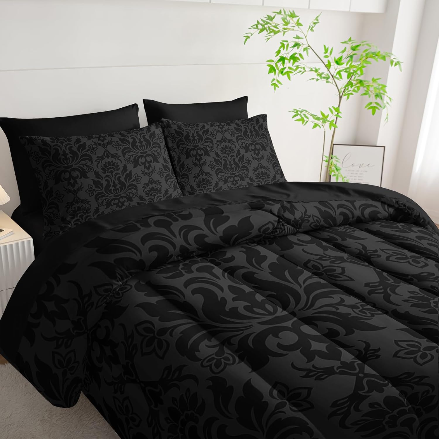 Axolotl Black Grey Comforter Set Queen Size,7 Piece Damask Bedding Set Boho Paisley Comforter Set Gothic Vintage Floral Bed Set Elegant Victorian Baroque Comforter with Flat Fitted Sheet 4 Pillowsham