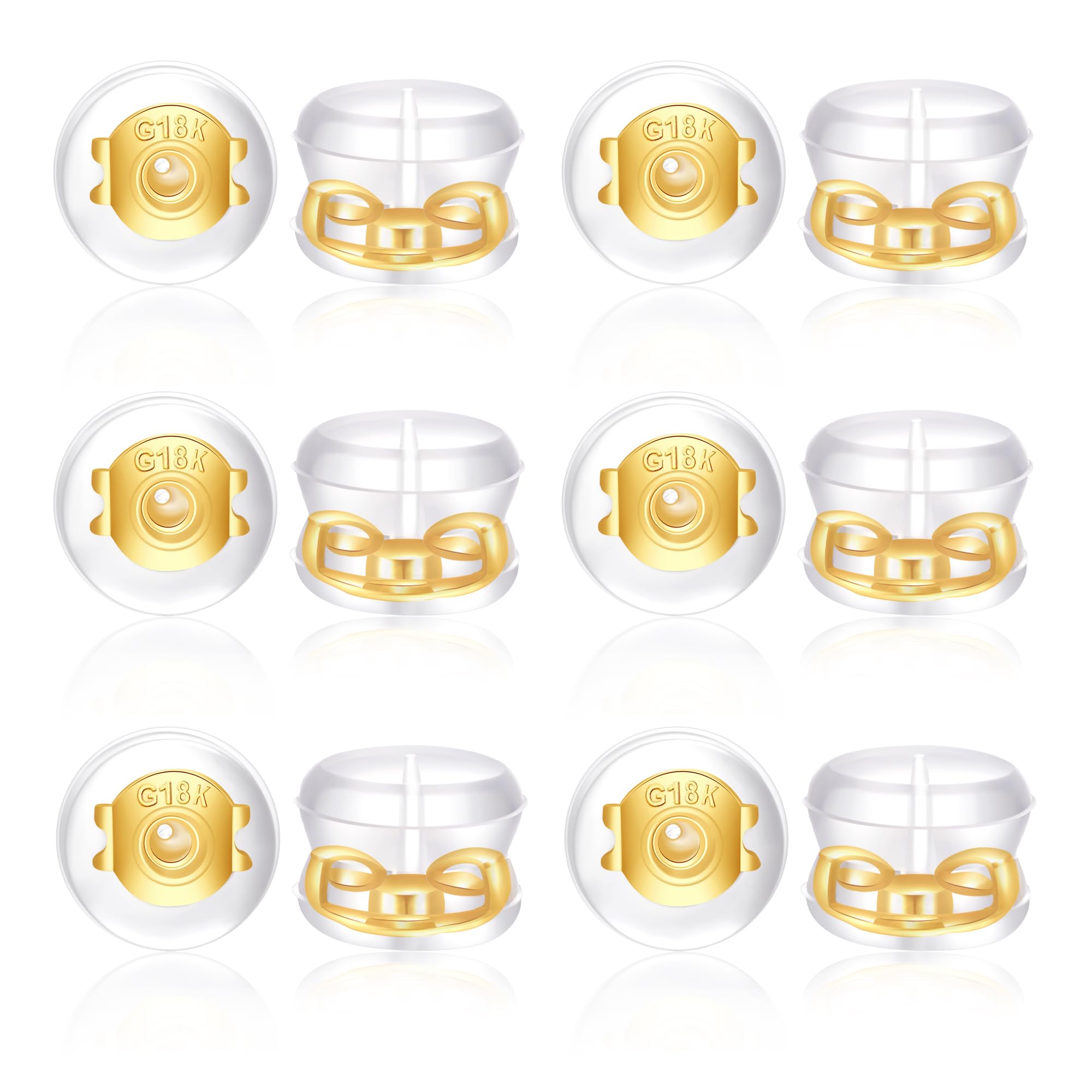 HANGINTHERE 12pcs 14K Gold Clear Rubber Earring Backs for Studs, Hoops, Dangles, Double Lock, 0.24 in x 0.2 in, Hypoallergenic Earring Backs