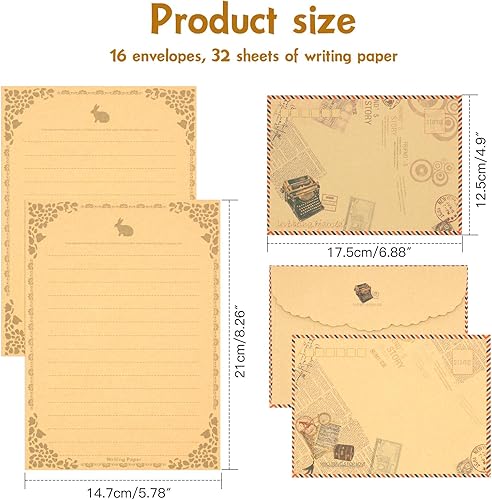 Miniatura 3 de Juego de 48 piezas de papel y sobres de papelería de estilo vintage, 32 papel de escritura estacionario forrado con 16 sobres, papel de aspecto