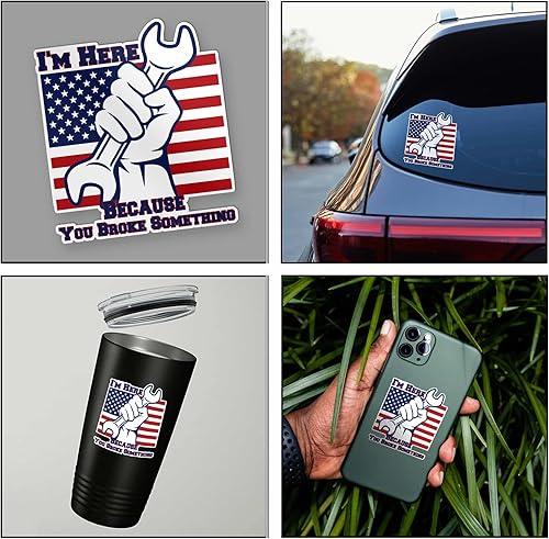 Miniatura 5 de Calcomanías de vinilo troqueladas impermeables con texto en inglés "I Here Because You Broke Something Mechanic Technician Labor Day", calcomanías