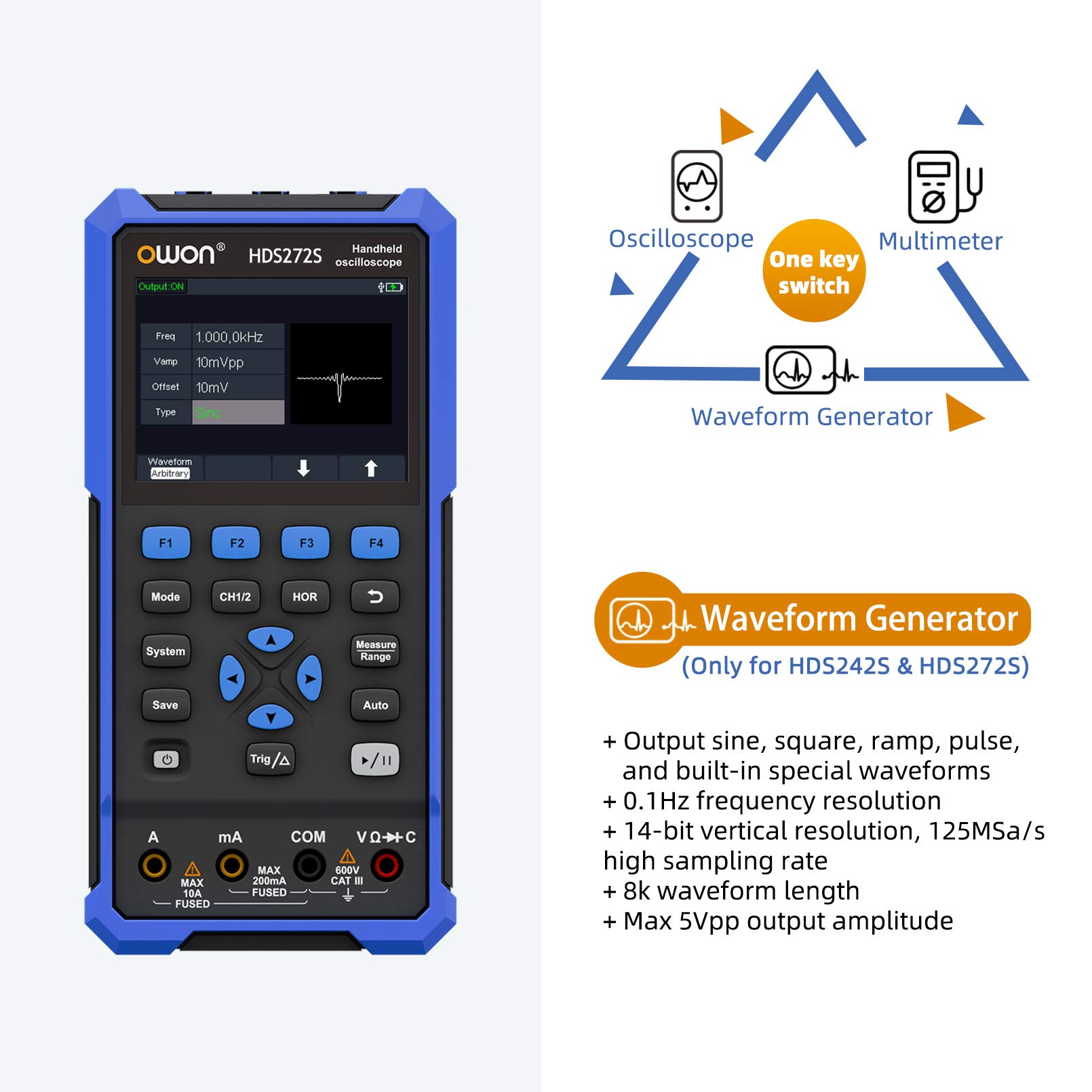 OWON HDS272S Handoszilloskop, 70MHz Bandbreite tragbares 3 in 1 Digitalmultimeter Oszilloskop, 20000 Zählungen mit 2 Kanal USB Typ C und 3,5 Zoll LCD Display(oszilloskop+multimeter+Generator)