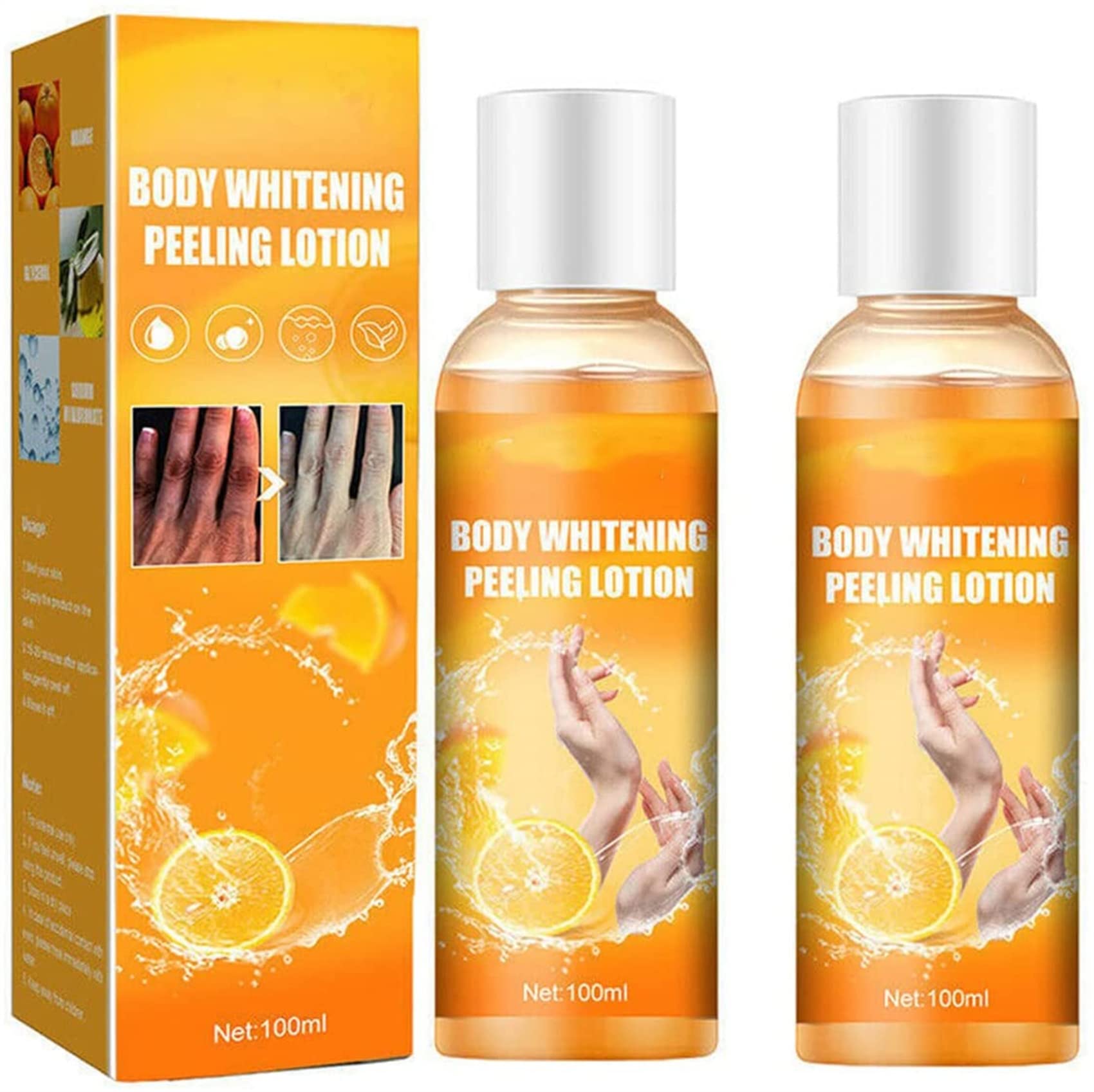 Gokame Body Whitening Cream Peeling Lotion, Skin Lightening Brightening, Orange Peeling Lotion Body Peeling Gel, 100ml/Bottle (2pcs)