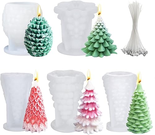 5 piezas 3D de árbol de Navidad cono de pino silicona vela jabón resina epoxi molde de silicona formas de árbol de Navidad molde para velas, resina,