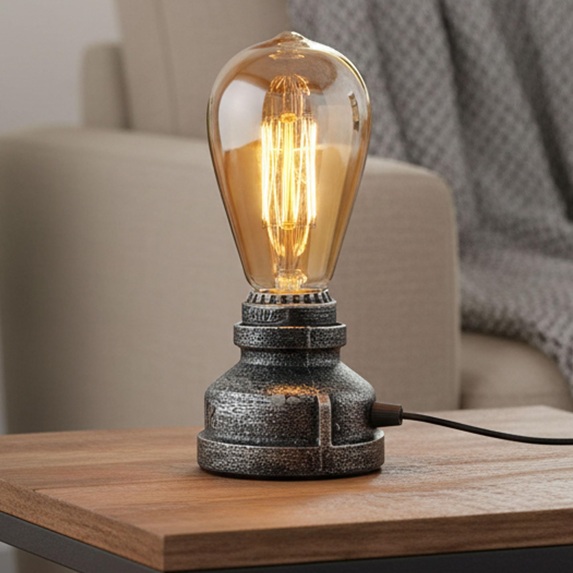 LEDSone Vintage Steampunk Pipe Table Lamp Industrial Brushed Silver Desk Light Retro Bedside Night Lamp with E27 Holder for Bedroom, Living Room, Office Décor