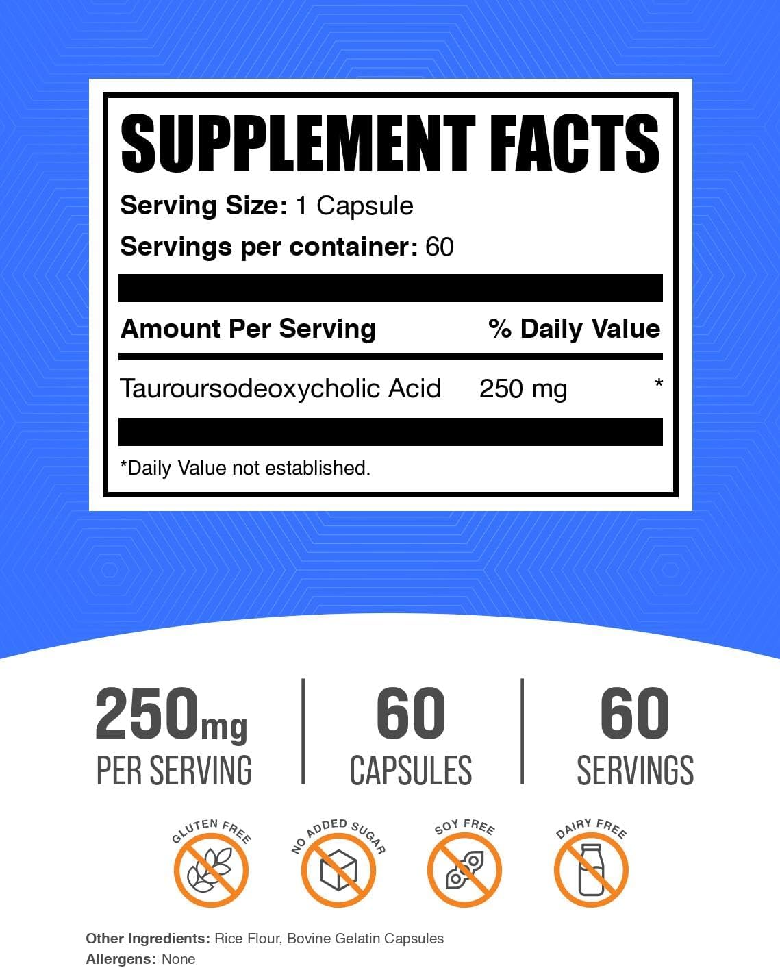 BulkSupplements.com TUDCA Capsules - TUDCA Supplement, Tauroursodeoxycholic Acid, TUDCA 250mg for Liver Support - Gluten Free, 1 Capsule per Serving, 60 Capsules (Pack of 1)