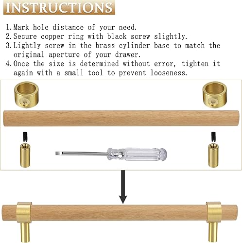 Miniatura 3 de foxwake Manijas de madera natural y latón para gabinetes de cocina de 5 a 7.4 pulgadas de centro a centro, 4 juegos de tiradores modernos ajustables