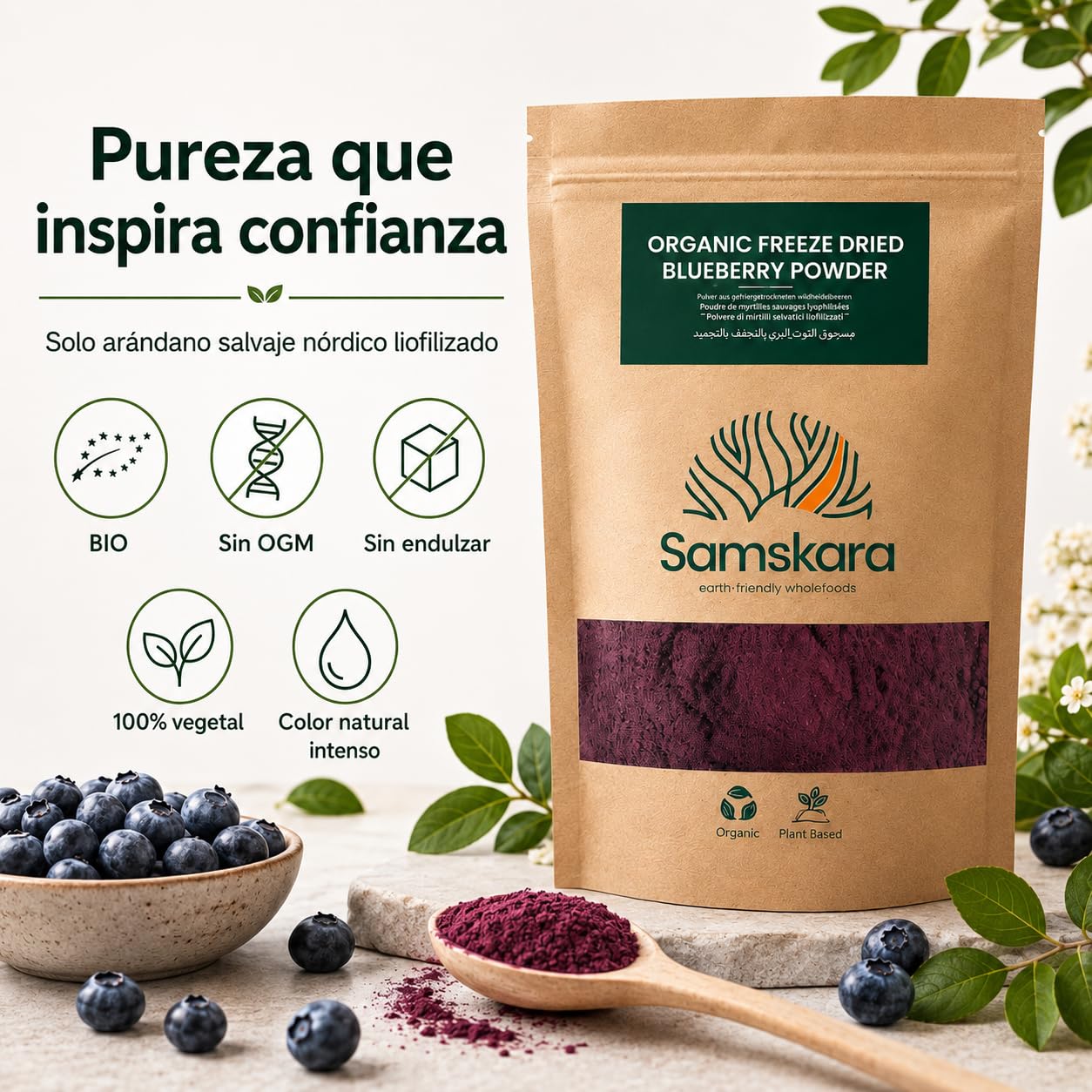 Arándanos salvajes nórdicos en polvo BIO | Samskara Tribe | bayas liofilizadas, sin OGM y sin endulzar, ricas en antioxidantes | para usar en batidos y repostería (150 g)