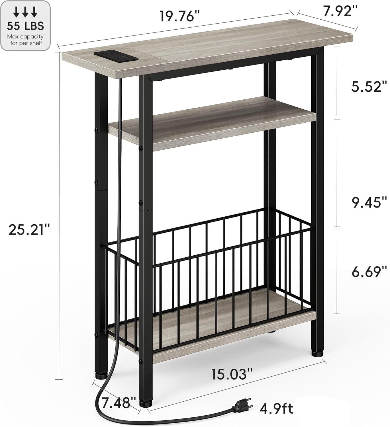Vagusicc Narrow Side Table with Charging Station, Skinny Side End Table for Couch, 3-Tier Small End Tables for Small Spaces, 25.2 Tall Slim Nightstand Bedside Table for Living Room, Bedroom, Greige