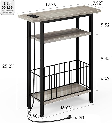 Miniatura 3 de Vagusicc Mesa auxiliar estrecha con estación de carga, mesa auxiliar delgada para sofá, mesas auxiliares pequeñas de 3 niveles para espacios