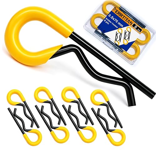8Pcs Rubber-Coated R Clip M3.5x75, Heavy Duty 70# Spring Steel Cotter Pins Hairpin Retaining Pin R-Shaped Lock Clip, Black Zinc Plated R-Pin with yellow Grip,for Trailer Hitch Lawn Mower Tractor Truck