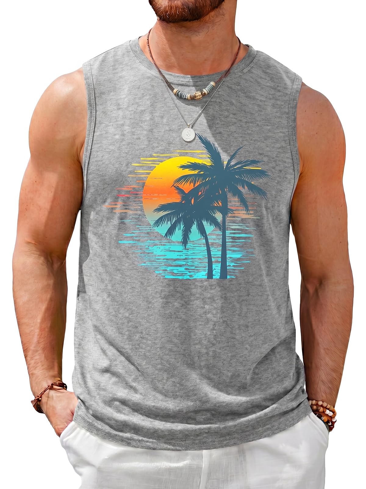 Photo 1 of ***RUNS BIG**** Runcati Mens Sleeveless Tank Tops Graphic Palm Tree Casual Shirt Summer Beach Printed Hawaiian Muscle Tops Grey