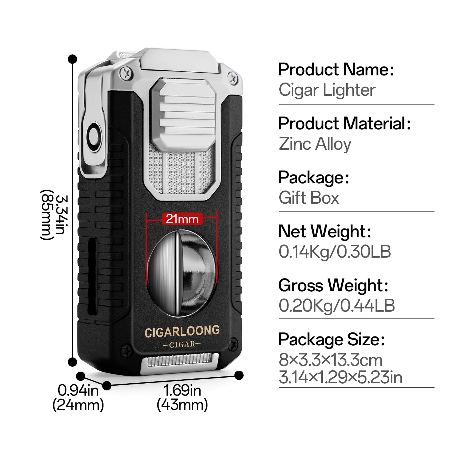 Briquet à Cigare Multifonction 5 en 1 avec Coupe Cigare en V, poinçon, Aiguilles, Porte-Cigare Le Support, Briquet Butane à Triple Jet de Flamme, sans Gaz (Noir)