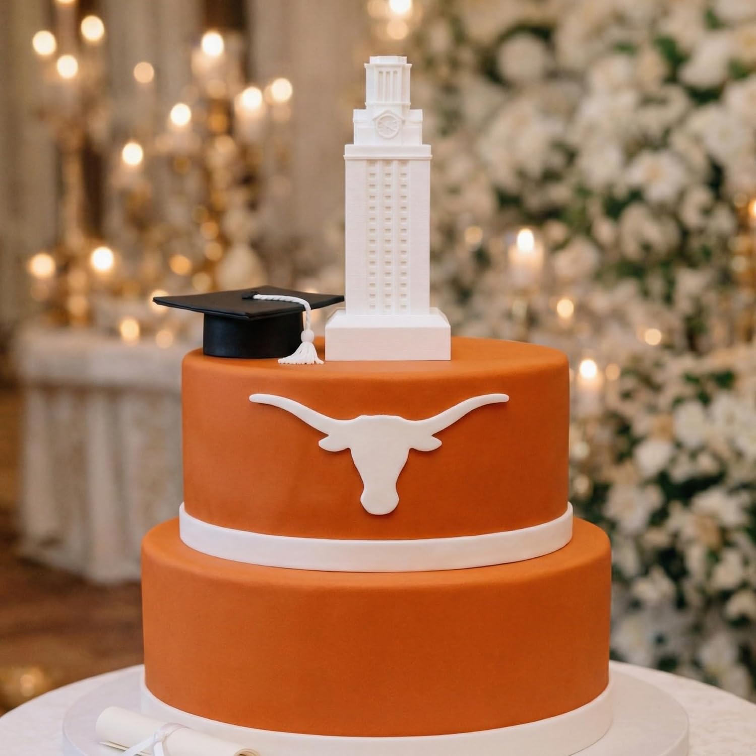 GS Three Dimensional LLC, University of Texas Tower Figurine, Burnt Orange/White, UT Tower, 3D Printed PLA Plastic, Graduation Gift, 5" H x 2.2" W, Longhorn, Home/Office Decor (White)