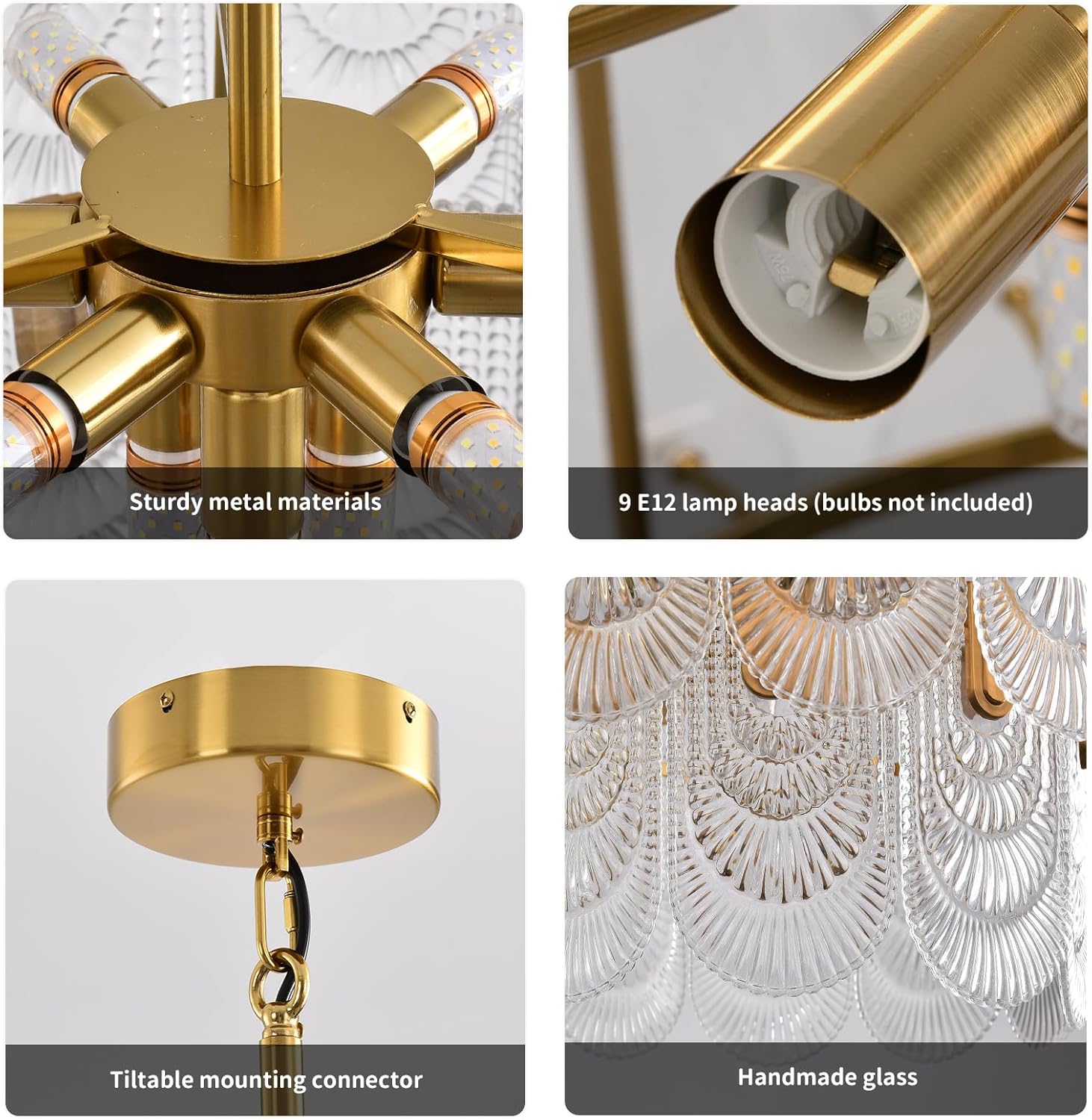 9-Light Glass Chandelier with lampshade, 24 Inch Gold Modern 2-Tier Ceiling Light for Dining Room Foyer Living Room Bedroom, Adjustable Hanging Rod, Vintage Luxury Lighting Fixture. E12 Base