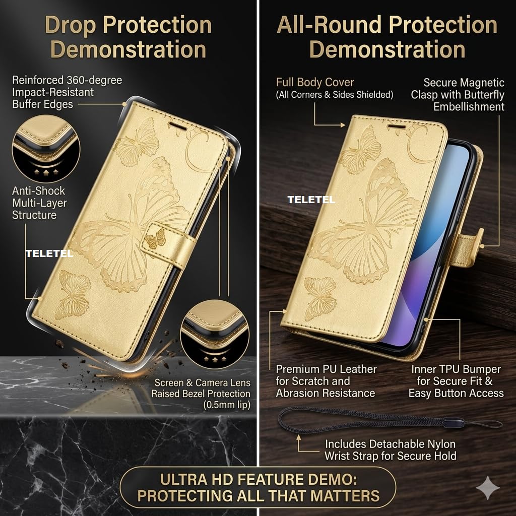 TELETEL Diva Series Butterfly Embossing Pu Leather Flip Wallet Case Cover with Card Holder | Magnetic Closure (Gold) for Redmi Note 11 & Redmi Note 11S 4