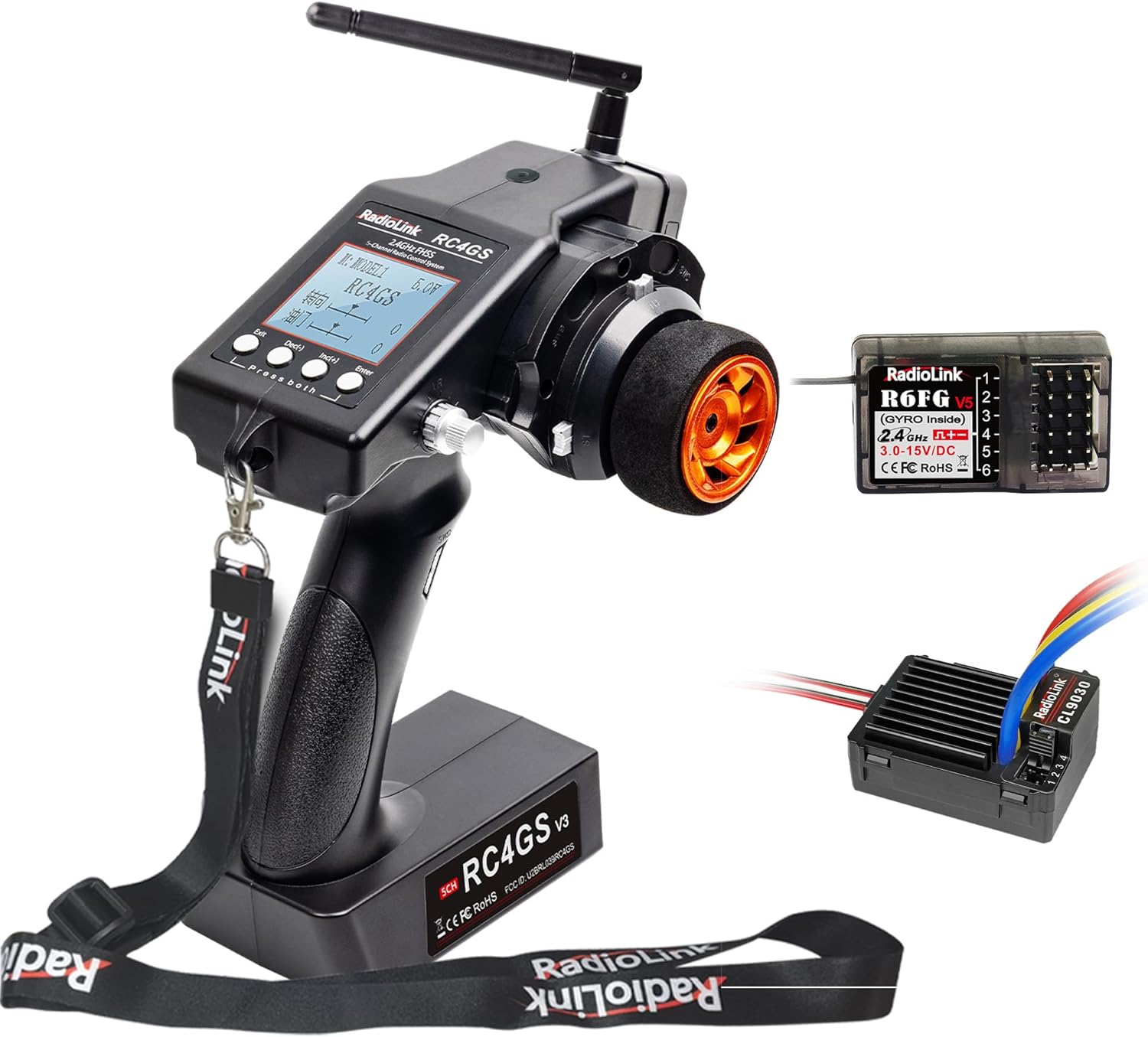 Radiolink RC4GS V3 RC Transmitter, R6FG Receiver and Cool 9030 ESC Combo 5 Channels 2.4GHz Surface Remote Controller TX, Gyro RX, 90A Brushed ESC/BEC, 30 Models Strorage for Crawler, Buggy, Car, Boat