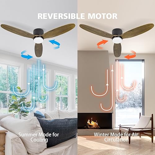 Miniatura 2 de OUATER Ventilador de techo de montaje empotrado con madera clara, ventiladores de techo modernos de perfil bajo de 52 pulgadas para