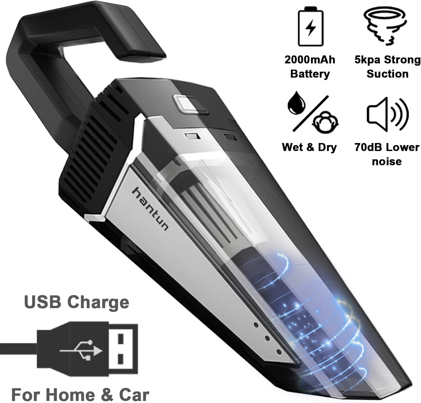 Car Vacuum, hantun Portable Handheld Cordless Vacuum, 5000pa Powerful Suction Lightweight Auto Vacuum Cleaner for Wet and Dry Cleaning