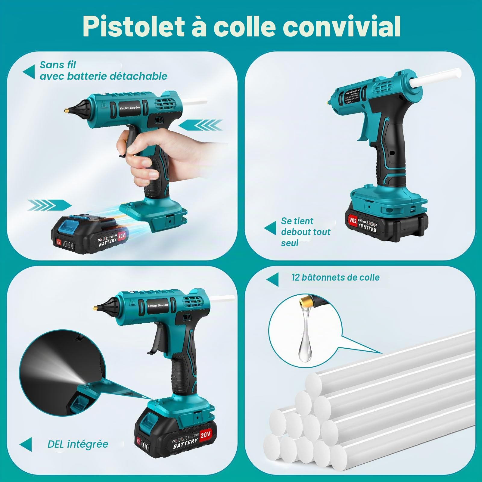 Pistolet à Colle Chaude Sans Fil 100 W Avec Batterie 21 V 2000 mAh et Chargeur, Chauffage Rapide Avec 12 Bâtons de Colle, Pistolet à Colle Chaude pour Bricolage, Artisanat et Réparations Rapides