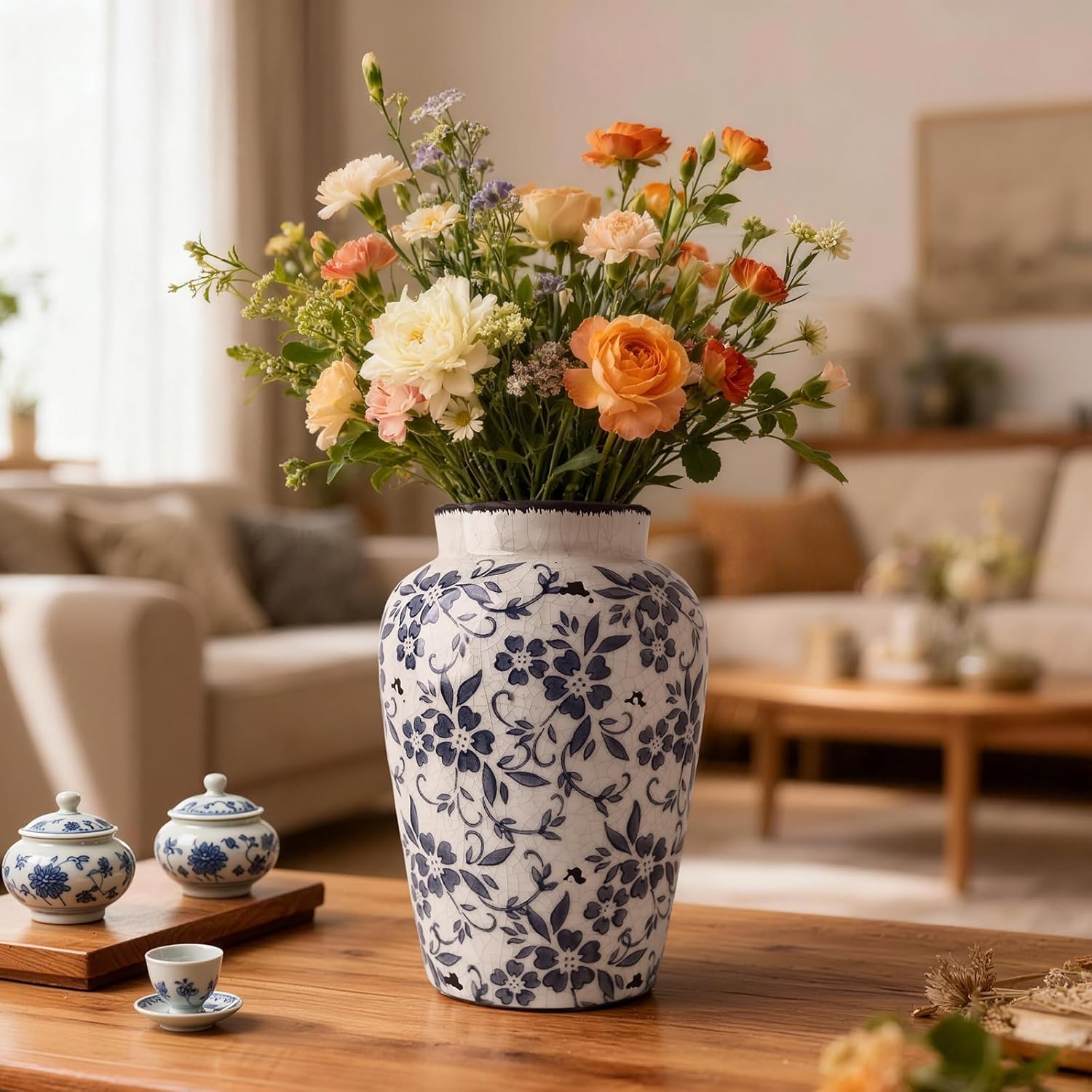 Blue and White Vases, Chinoiserie Ceramic Vase for Home Decor, 9.6" Vintage Vase for Living Room, Centerpiece Table, Shelf, and Balcony Decor (Large) - Image 7