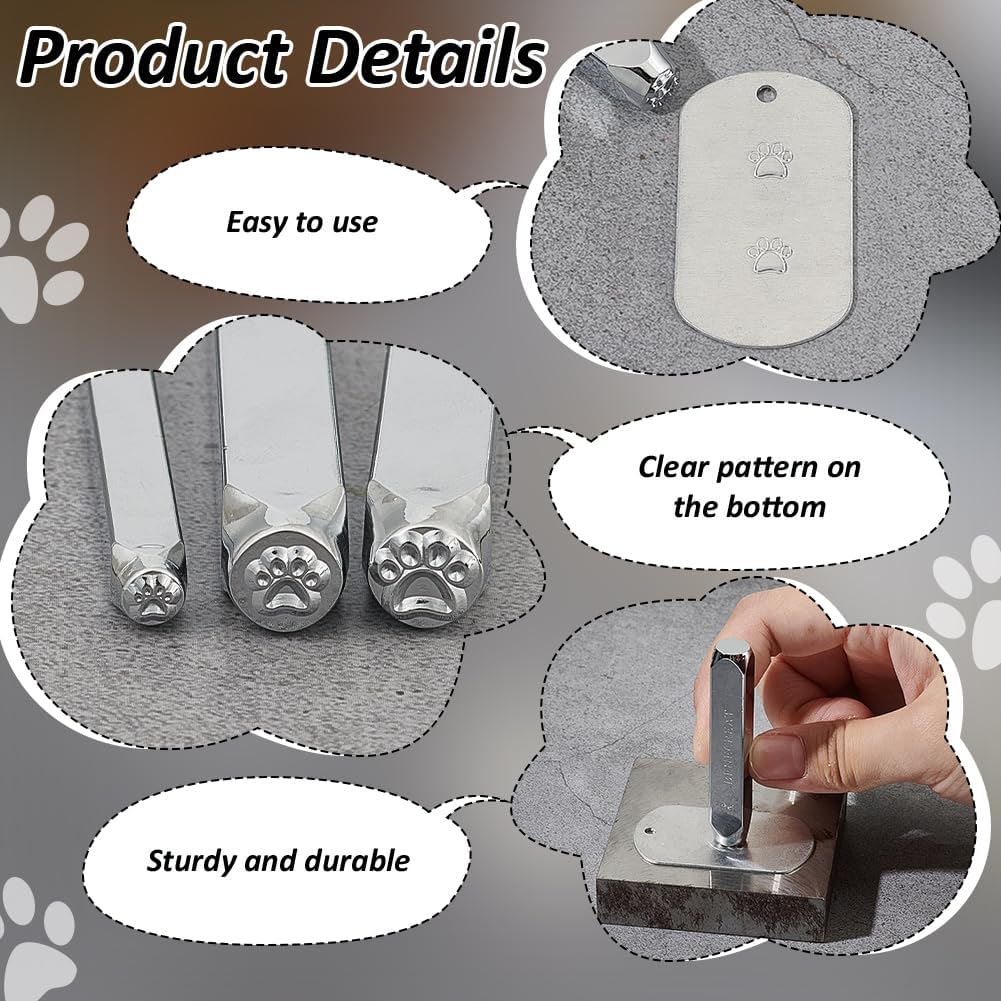 BENECREAT 3 Pcs Dog Paw Design Metal Stamp Set, 3/5/7mm Metal Stamps for Leather Wood Clay Punching and Stamping, Punch Tools for DIY Jewelry Crafts, Christmas Cards Scrapbook Supplies