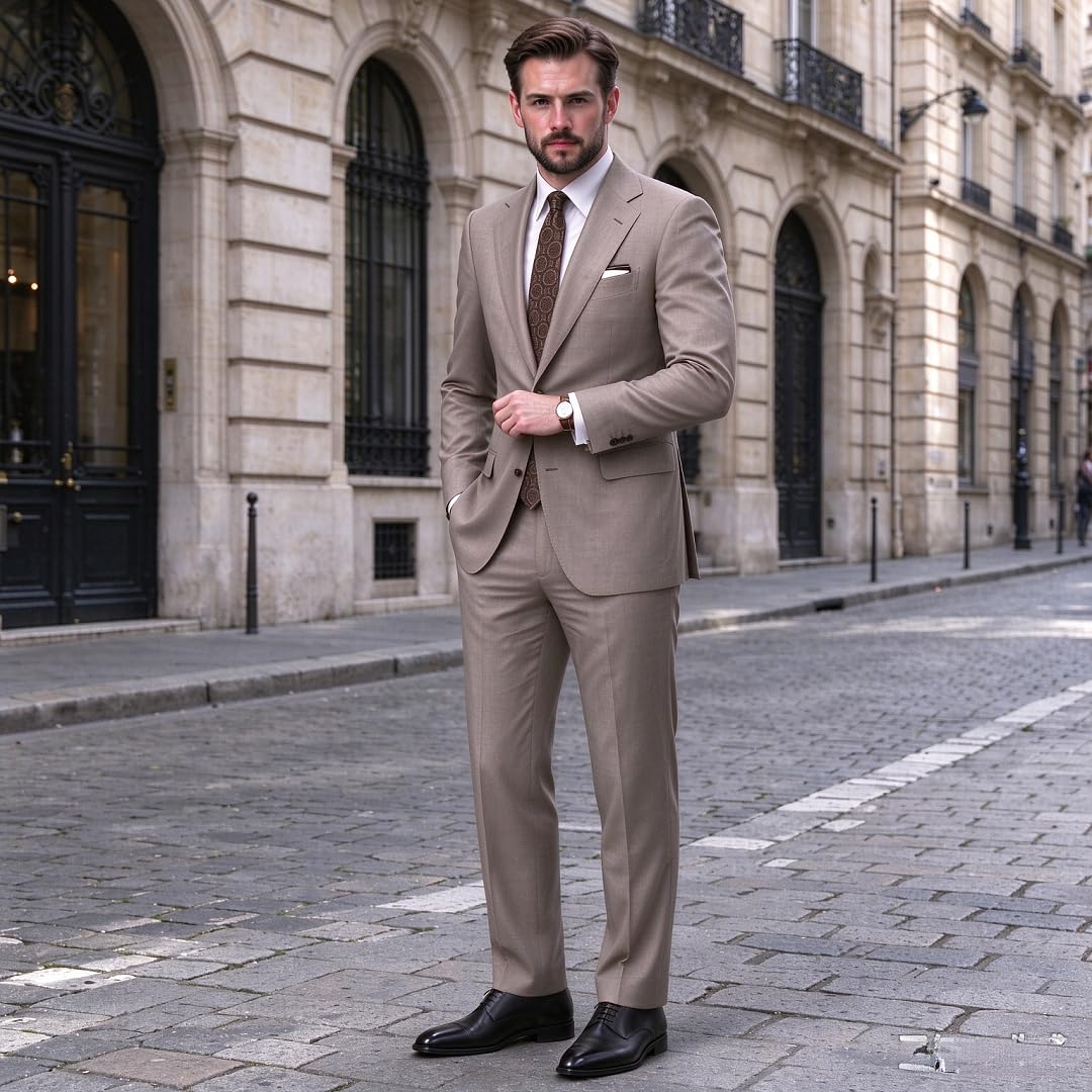 Uomo 2 Pezzi Cachi Completo Revers a Punta monbottoni Blazer & Pantaloni Eleganti Dritti Matrimonio Sposo Business Giacca