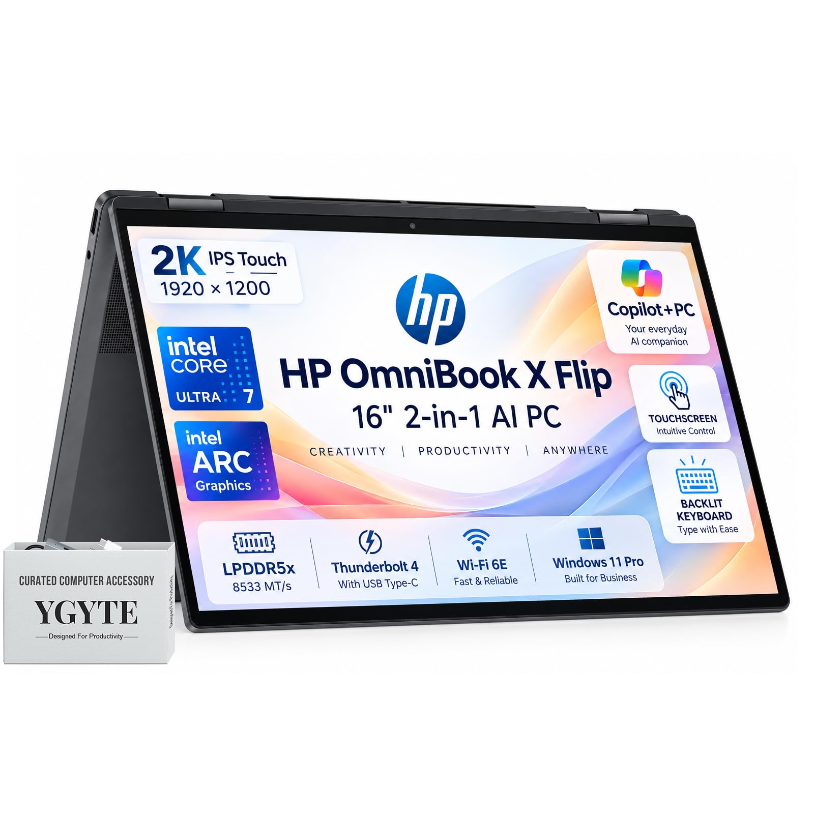 OmniBook X Flip 16" 2 in 1 Laptop, Intel Core Ultra 7, 16GB DDR5 2TB SSD