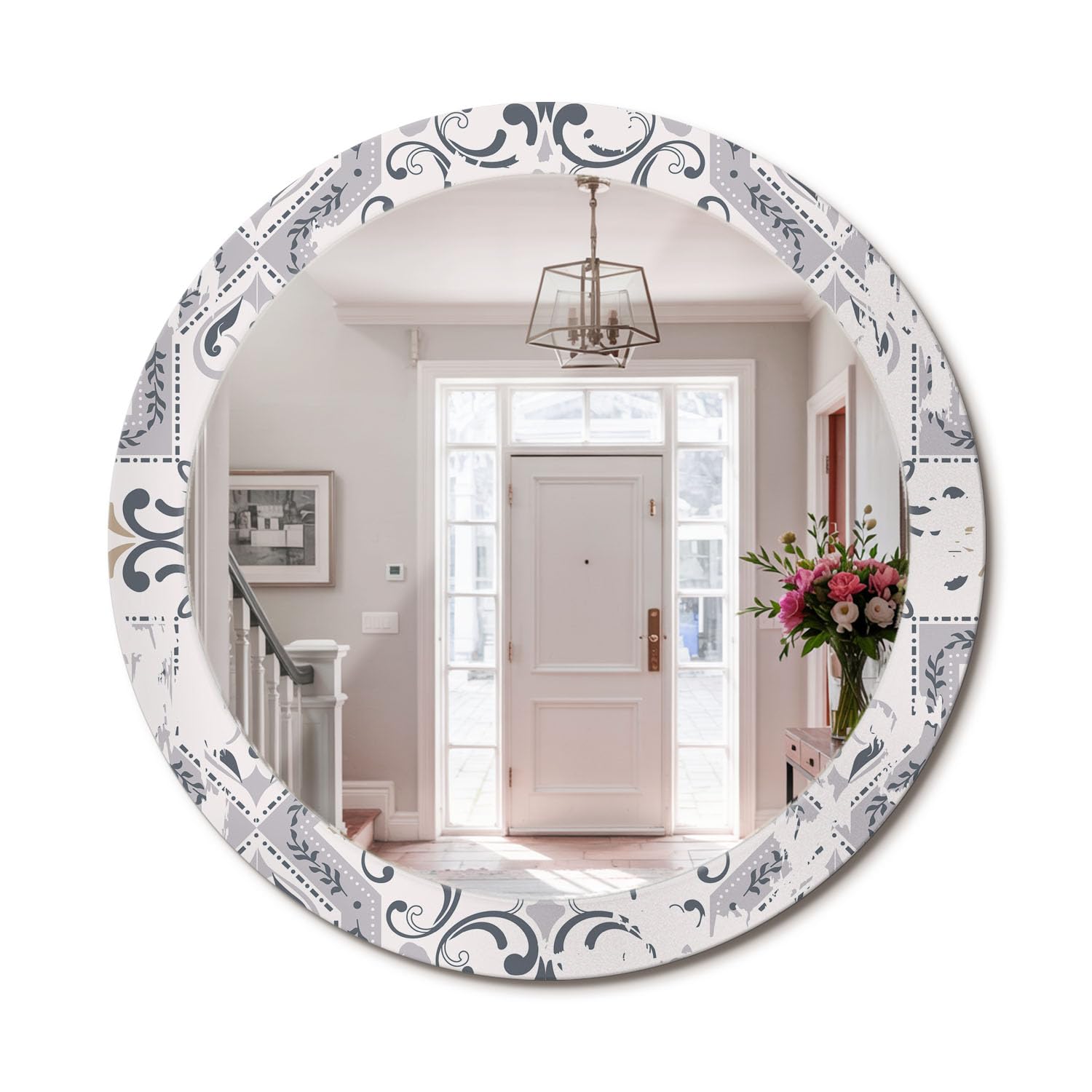 Miroir décoratif rond fi80 grand format motif carreaux rétro cadre verre imprimé
