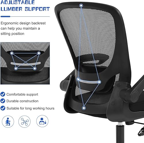 Miniatura 6 de Silla de oficina para el hogar, silla de escritorio ergonómica con soporte lumbar ajustable y reposabrazos abatibles, silla de ordenador de malla