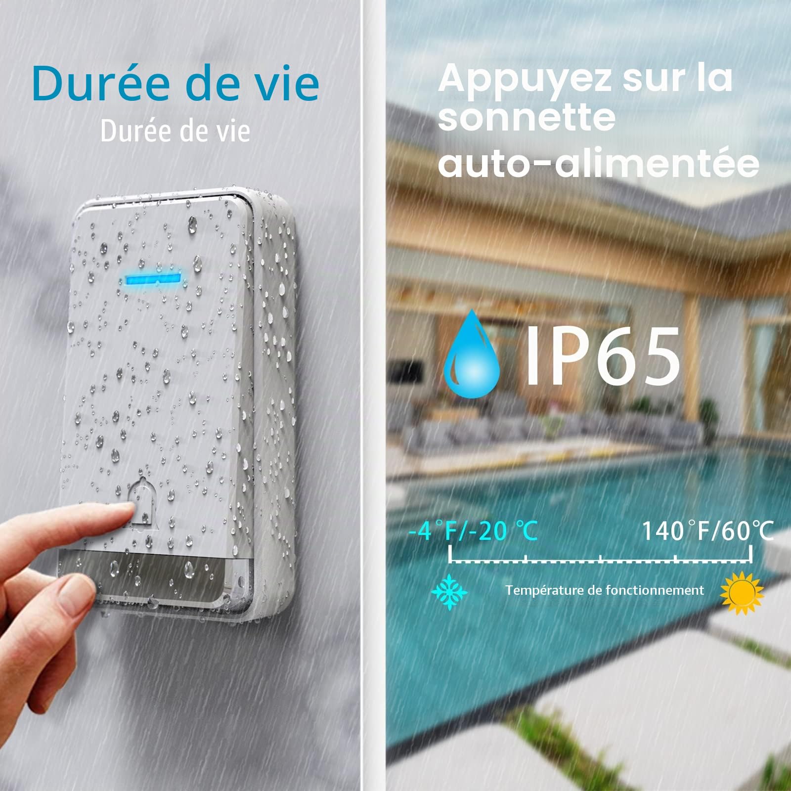 Sonnette Sans Fil, TECKNET 400m Sonnette de Porte IP65 Étanche Carillon Electronique, Sonnette de Porte avec Fonction de Charge et Lumière LED, 60 Mélodies au 5 Niveaux Volumes