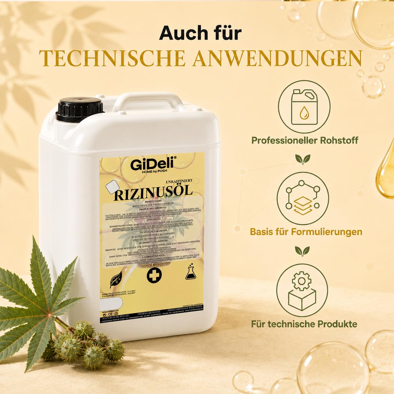 GiDeli Aceite de ricino prensado en frío, 10 l, puro aceite de ricino en Ph. Eur. Calidad para cabello, pestañas y piel – Aceite de cuidado sin refinar como base para cosméticos naturales DIY – Sin