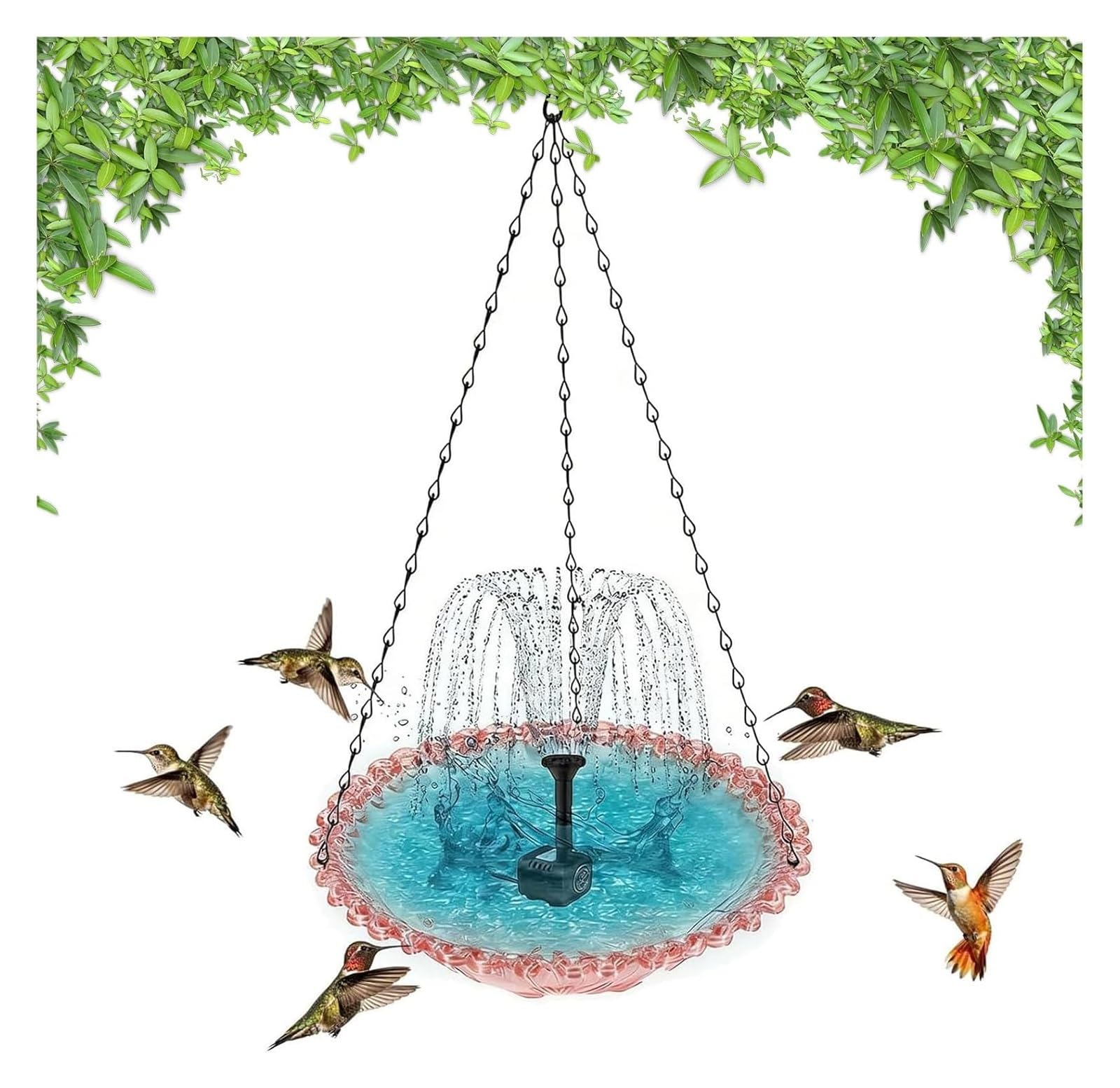 Solar Cascade Hanging Bird Bath Fountain, Outdoor Solar Fountain, 3-Tier Cascading Water Feature With Solar Pump & Glass Bowl, Large Birdbath For Hummingbirds, Yard & Garden Décor(Pink)