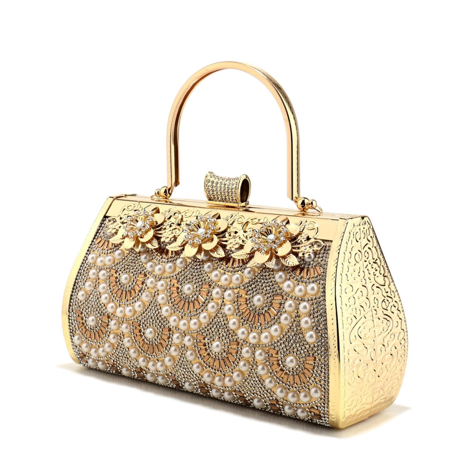 Abendtasche Damen Clutch Bucket Design Clutch Golden Glitter Elegantes Mädchen Abend Taschen Strass Steine Perlen Tasche Mit Griff Handtaschen Für Party