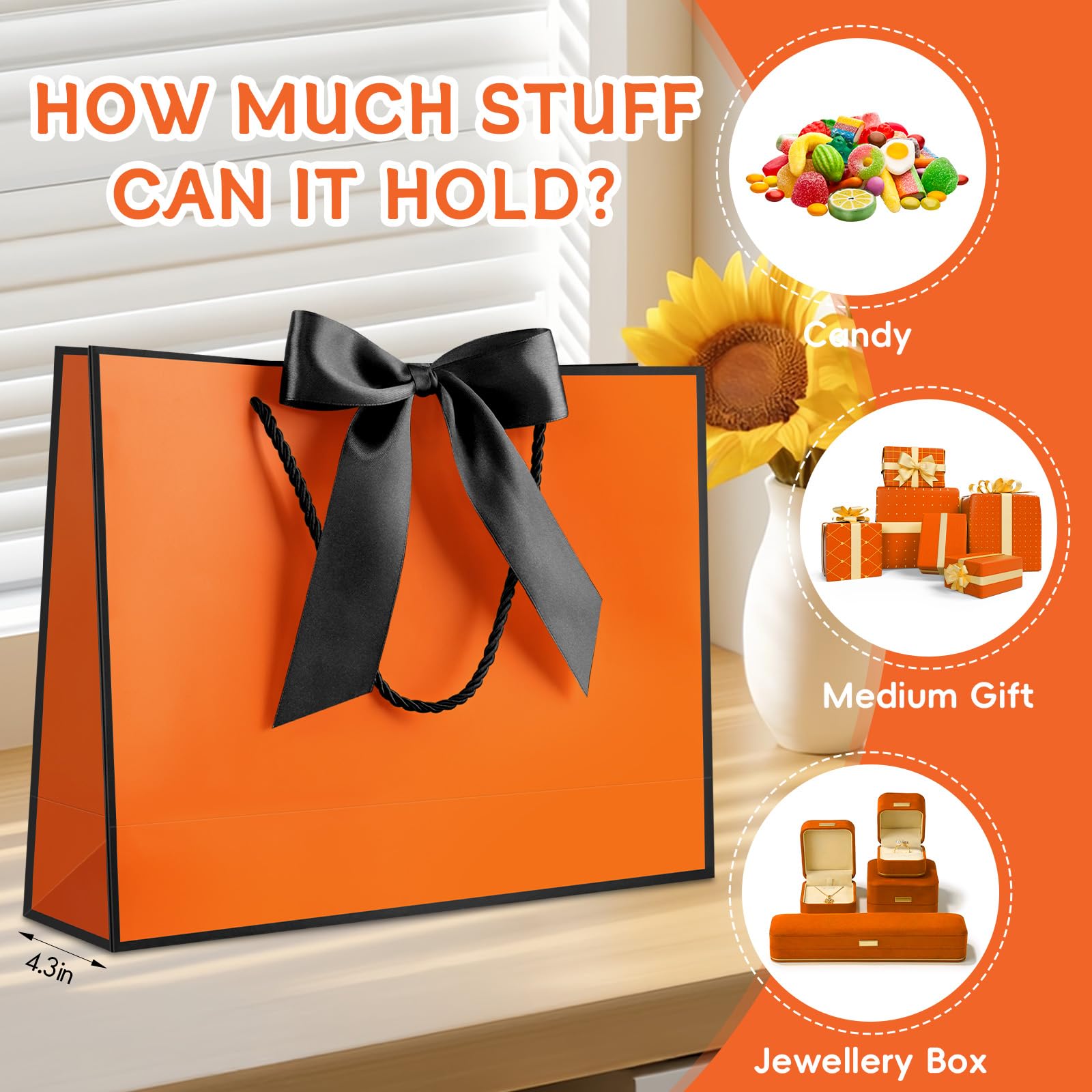 JMANNI Gift Bags with Handles, 13” Medium Gift Bag for Presents, 1 Pcs Bags with 2 Tissue Paper and 1 Cards for Graduation Baby Shower Wedding Fathers Day Mother's Day Birthday Party (Orange-Black