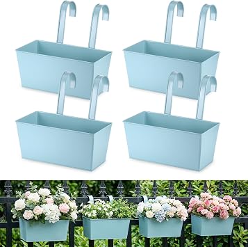 27.5cm Over Fence Planters, 4Pack Metal Hanging Plant Pots, Balcony Planters for Railing, Fence Hanging Planter with Detachable Hooks, Hanging Plant Pots Outdoor for Fence, Garden, Home Light Blue | Balcony Planters for Railing, Fence Hanging Planter with Detachable Hooks, Hanging Plant Pots Outdoor for Fences Garden Home