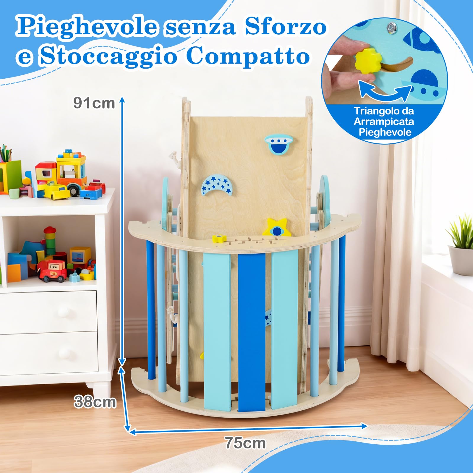 RELAX4LIFE Set da Arrampicata per Bambini, Triangolo di Arrampicata con Scivolo e Arco, Gioco di Incastri in Legno, Gioco Montessori per Bambini 1+ Anni (Astronauta-4 Pezzi | Blu)