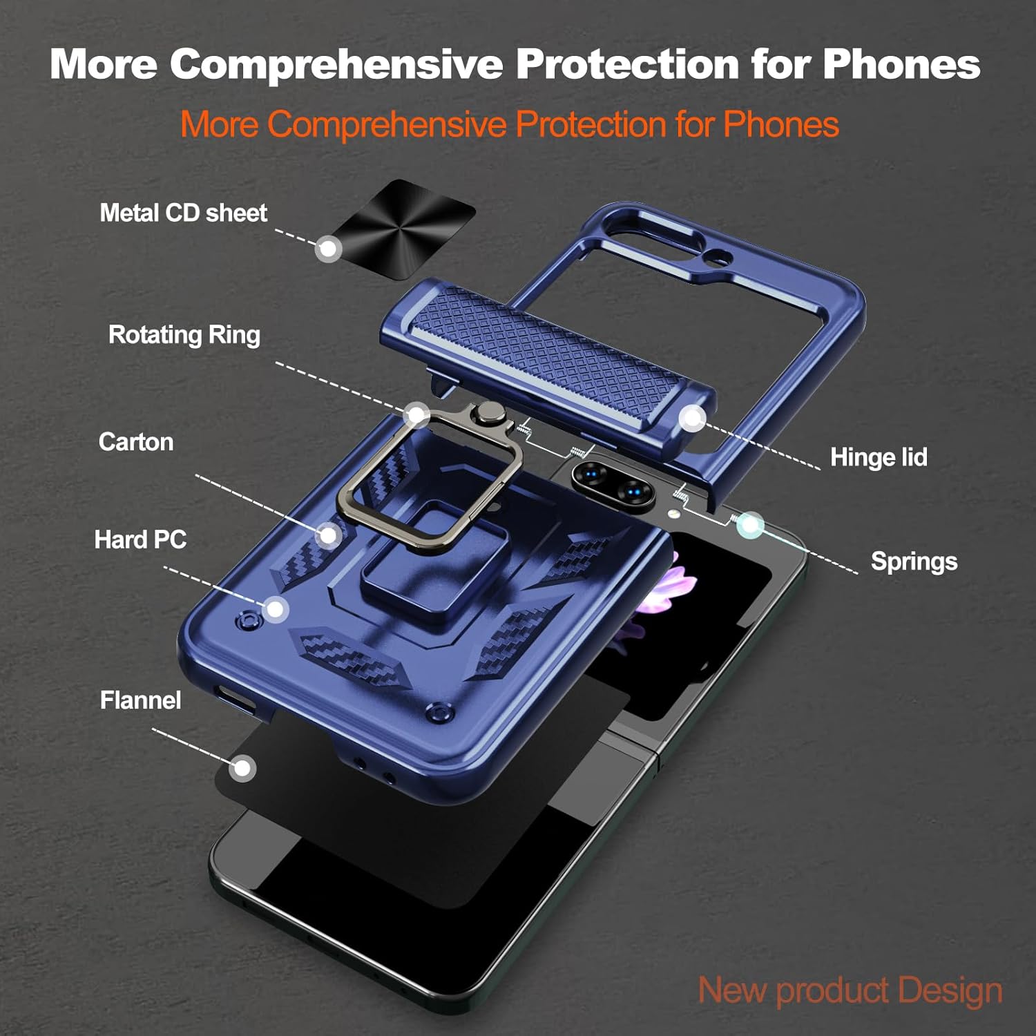 for Samsung Galaxy Z Flip 5 5G Case with Hinge Protection,Slide Camera Cover Heavy Duty Military Drop Cases Ring Kickstand Magnetic Car Mount Shockproof Bumper Phone Case for Galaxy Z Flip 5 5G (Blue)