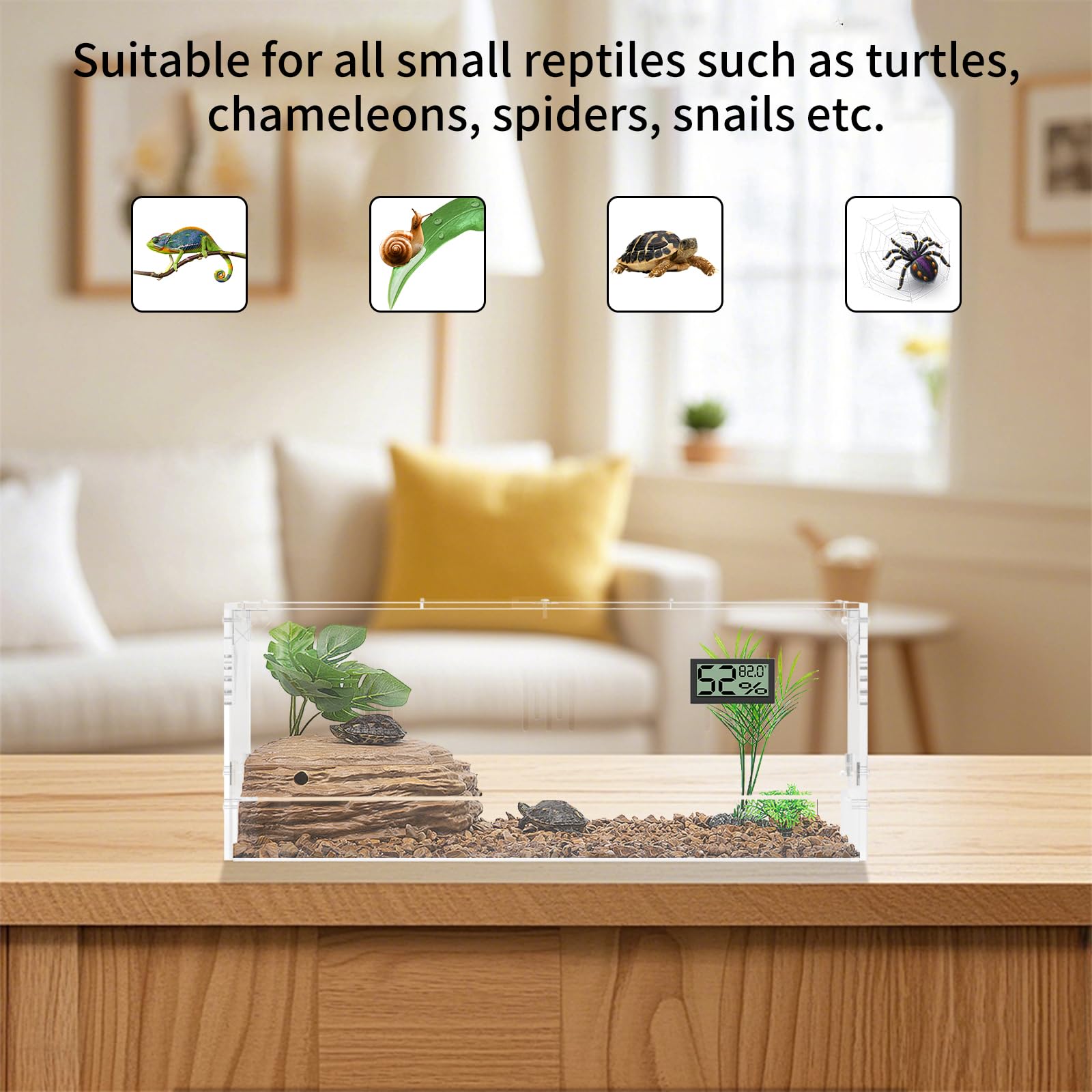 Tanque de terrario para reptiles, terrario de caracoles, grande, acrílico transparente, caja de alimentación para reptiles con higrómetro de temperatura, terario de arañas, caja de cría de