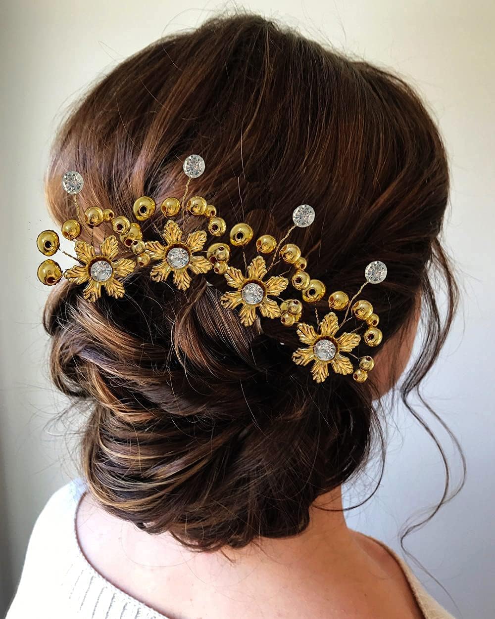 Hair Flare 2145 Flower with Pearl Hair Pin/Hair Clips/Long Short Hairpin/Juda Bun Pins/Hair Styles Artificial Flowers Accessories For Weddings, Pack of 4, Golden