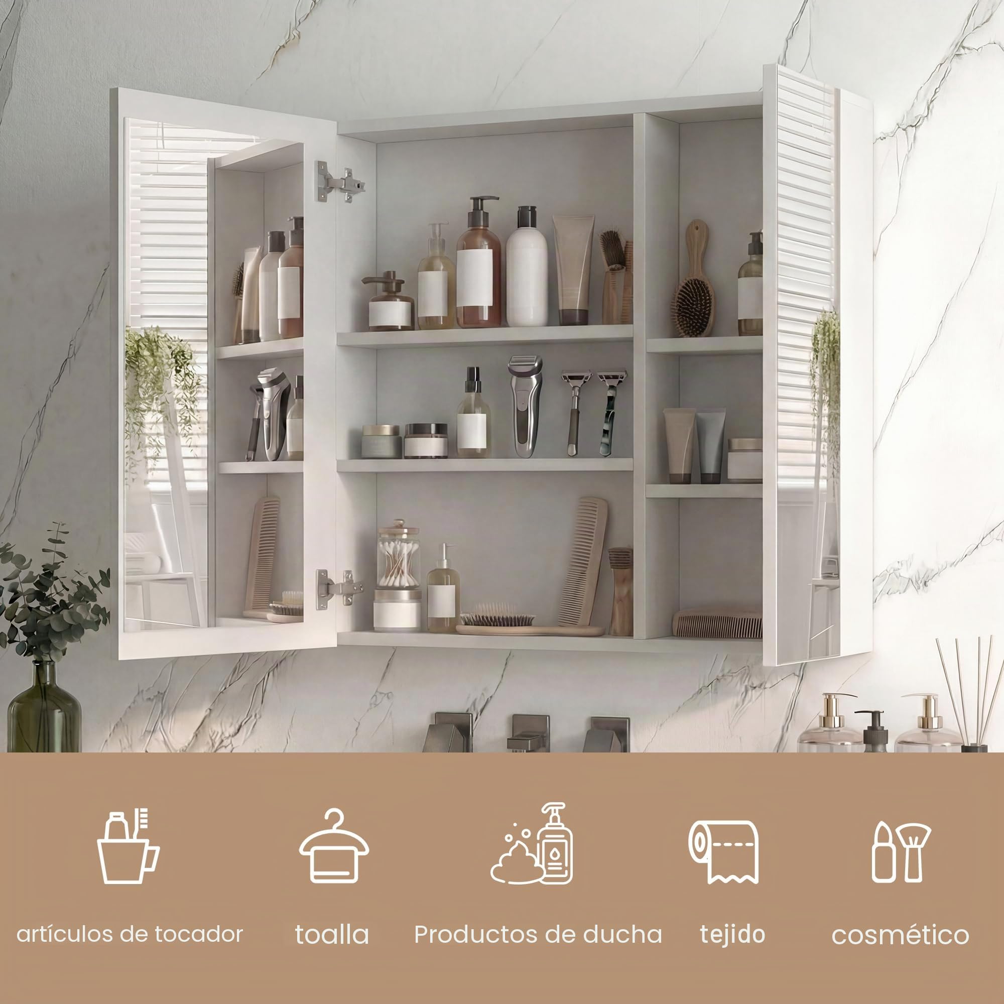 Armario de baño con espejo y luz LED, espejo de baño con almacenamiento, función antiniebla, 3 temperaturas, con estante ajustable, estilo moderno (70 x 13,5 x 60)